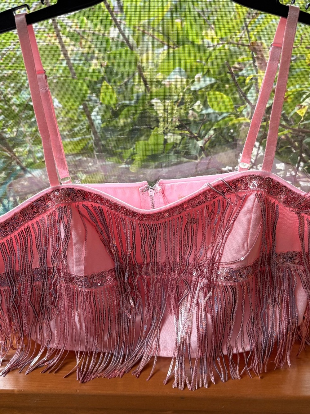 Altar'd State Pink Sequin Fringe Crop Top With Adjustable Straps & Back Zipper